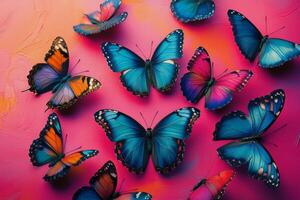 Colorful butterflies arranged beautifully against a vibrant pink background in a striking display of nature photo