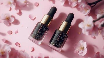 Elegant cosmetic bottles surrounded by pink petals and gold accents on a soft background photo