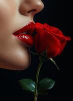 Captivating close-up of lips and red rose highlighting beauty and elegance photo