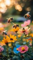 Bees hovering over colorful flowers in a vibrant garden during springtime photo