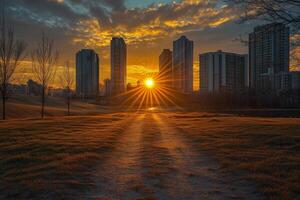 Sunset over city skyline with light rays shining through buildings in evening photo