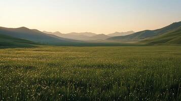 Majestic mountain range with lush green fields and soft sunlight illuminating the landscape photo