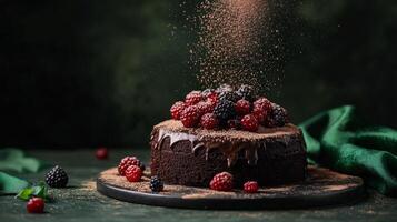 Delicious chocolate cake topped with fresh berries and mint leaves on a dark background photo