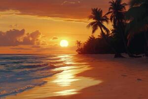 Beautiful sunset over tranquil beach with palm trees and gentle waves photo