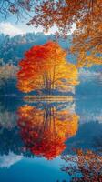Vibrant autumn colors reflect on calm lake surface in serene forest setting photo
