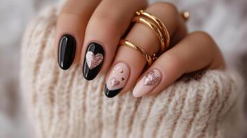 Elegant nail art with heart designs on a womans hand showcasing creativity and style photo