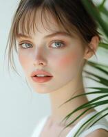 Portrait of a young woman with natural makeup and soft sunlight filtering through palm leaves photo