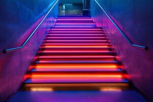 Bright neon-lit staircase in urban setting with vibrant colors creates captivating atmosphere photo