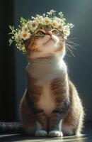 Beautiful fluffy cat with flower crown sits gracefully against dark background photo