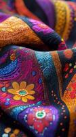 Vibrant embroidered fabric showcasing intricate floral patterns in rich colors photo