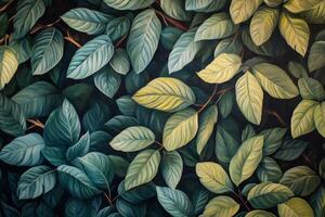 Lush green leaves creating a vibrant and natural background in a dense forest setting photo