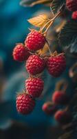 Ripe raspberries hanging from a green branch in a lush garden during summer season photo