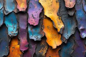 Colorful peeling paint creates an abstract texture on an old surface photo