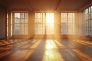 Sunlight streaming through large windows illuminating a cozy interior space in autumn photo