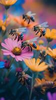 Bees hovering over colorful flowers in a vibrant garden during springtime photo