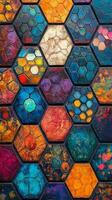 Colorful hexagonal patterns create a vibrant mosaic of art in a gallery photo