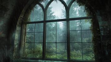 Ruined window revealing lush forest during a rainy day photo