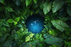 Exploring the lush greenery surrounding a serene pool of water in a dense forest photo
