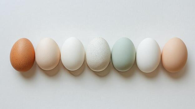 Various colored eggs displayed in a neat row on a clean surface photo