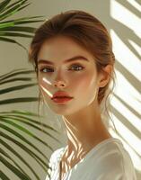 Portrait of a young woman with natural makeup and soft sunlight filtering through palm leaves photo