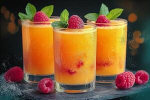 Refreshing tropical fruit drinks with raspberries and mint on a dark background photo