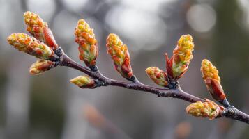 Spring buds emerging on branch in natural setting during early morning light photo