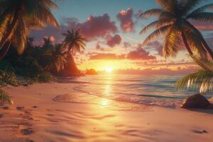 Golden sunset reflecting on a tranquil beach with palm trees swaying gently photo