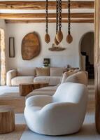 Elegant modern interior featuring stylish lighting and comfortable seating in a serene atmosphere photo