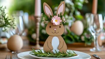 Creative Easter table decoration featuring a bunny with floral crown and pastel eggs photo