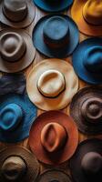 Colorful collection of hats arranged neatly on a wooden surface displaying diverse styles and colors photo