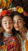 Friends enjoying a peaceful moment with floral crowns in a colorful, vibrant setting photo