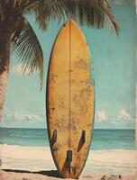 Vintage surfboard leaning against a palm tree near the ocean photo