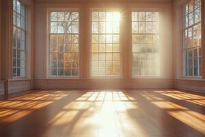Sunlight streaming through large windows illuminating a cozy interior space in autumn photo