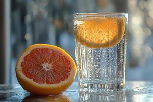 Refreshing drink with grapefruit and ice in a glass on a vibrant background photo