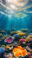 Vibrant underwater coral reef teems with colorful marine life in crystal clear water photo