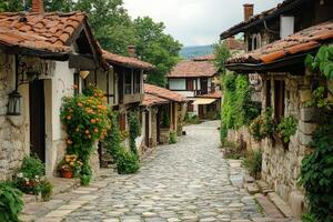 Charming cobblestone street lined with flowers in a picturesque village during daylight photo