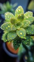 Vibrant succulent covered in dewdrops in a cozy indoor garden setting photo