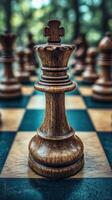 Elegant wooden king piece standing out on a chessboard during an outdoor match photo