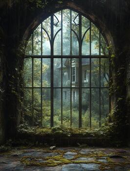 Overgrown mansion seen through a large arched window with natural light and greenery photo