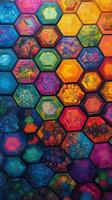 Colorful hexagonal patterns create a vibrant mosaic of art in a gallery photo