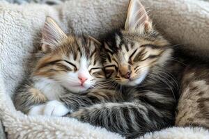 Adorable kittens resting together in a cozy blanket on a sunny afternoon photo