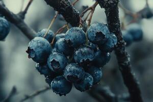 Frost-covered blueberries hanging on branches during winter in a serene forest setting photo