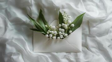 Fresh lilies of the valley bouquet arranged with a white envelope on green leaves photo