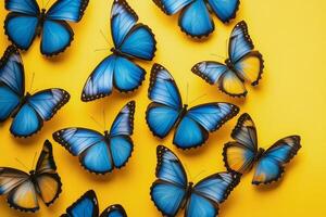 Colorful butterflies resting on a bright yellow background during a sunny afternoon photo