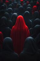 Bright red scarf stands out in a crowd of black-clad individuals during a solemn gathering photo