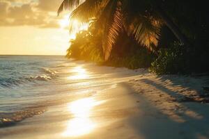 Golden sunset reflecting on a tranquil beach with palm trees swaying gently photo