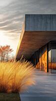Golden sunlight illuminates grasses at sunset near a modern structure in a serene landscape photo