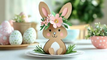 Creative Easter table decoration featuring a bunny with floral crown and pastel eggs photo