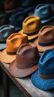 Colorful collection of hats arranged neatly on a wooden surface displaying diverse styles and colors photo