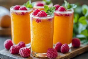 Refreshing tropical fruit drinks with raspberries and mint on a dark background photo